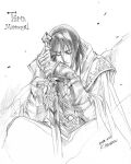  1boy armor breastplate cape character_name closed_eyes closed_mouth dated greyscale hands_up holding holding_sword holding_weapon kazuki-mendou male_focus monochrome pauldrons shoulder_armor signature silmarillion sitting solo sword turin weapon 