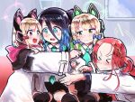 &gt;_&lt; 4girls arisu_(blue_archive) blonde_hair blue_archive blush cat_ear_headphones commentary_request couch dark_blue_hair hair_between_eyes halo headphones highres hug looking_at_another midori_(blue_archive) momoi_(blue_archive) multiple_girls redhead short_hair sidelocks sitting twintails yuzu_(blue_archive) 