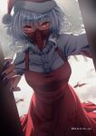  1girl blood blood_on_clothes blue_nails character_request christmas copyright_request eyebrows_visible_through_hair highres mask mouth_mask red_eyes relentless snow virtual_youtuber white_hair yandere 