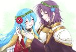  1boy 1girl aqua_eyes aqua_hair armor artist_name bangs blush bracelet breastplate cape circlet closed_eyes commentary_request dress_shirt earrings eirika_(fire_emblem) eyebrows_visible_through_hair eyes_visible_through_hair fire_emblem fire_emblem:_the_sacred_stones flower gold_armor gold_trim hair_between_eyes hair_flower hair_ornament head_wreath highres jewelry long_hair long_sleeves lyon_(fire_emblem) misato_hao open_mouth purple_hair red_legwear shirt shoes short_hair shoulder_armor signature simple_background skirt smile thigh-highs white_background white_skirt 