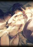  1girl bed_sheet bikini blue_eyes blue_hair breasts cetus_kkk covering_mouth crying earrings eyebrows_visible_through_hair hair_ornament hand_on_own_chest jewelry large_breasts long_hair looking_at_viewer lying ningyo_hime_(sinoalice) on_back ribbon sad see-through_dress sidelocks sinoalice sketch solo swimsuit twintails 