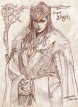  1boy armor cape character_name closed_mouth crown dated highres kazuki-mendou long_hair looking_at_viewer male_focus one-hour_drawing_challenge orange_eyes orange_theme own_hands_together signature silmarillion solo spot_color turgon 