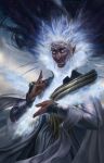  1boy commentary crown dymond_starr english_commentary fingernails floating_hair glowing glowing_eyes hand_up highres horned_headwear long_hair looking_at_viewer male_focus manwe pointy_ears robe silmarillion solo very_long_hair violet_eyes 
