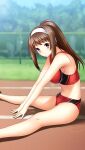  1girl between_legs blurry blurry_background bra breasts brown_hair buruma day doukyuusei_another_world game_cg hand_between_legs headband high_ponytail kakyuusei large_breasts leaning_forward long_hair midriff navel official_art outdoors red_bra red_buruma shiny shiny_hair sideboob sidelocks sitting solo sports_bra stomach track_and_field underwear very_long_hair white_headband yuuki_mizuho 