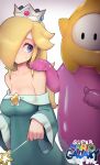  1girl 1other aqua_dress bare_shoulders blonde_hair blue_eyes breasts crown dress hair_over_one_eye hand_on_another&#039;s_shoulder highres holding holding_wand kashu_(hizake) long_hair long_sleeves luma_(mario) super_mario_bros. medium_breasts off-shoulder_dress off_shoulder rosalina super_mario_galaxy sweatdrop upper_body wand wide_sleeves 