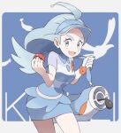  1girl :d ahoge blue_eyes blue_headwear blue_skirt golf_bag golf_club holding holding_poke_ball kahili_(pokemon) light_blue_hair long_hair mole mole_under_eye nomura_(buroriidesu) open_mouth poke_ball pokemon pokemon_(game) pokemon_sm shirt short_sleeves simple_background skirt smile solo standing thick_eyebrows visor_cap 