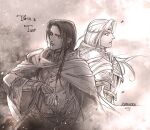  2boys armor breastplate character_name circlet dated holding holding_sword holding_weapon kazuki-mendou long_hair male_focus monochrome multiple_boys signature silmarillion sword tuor turin weapon 