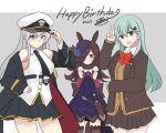  3girls absurdres animal_ears aqua_hair azur_lane bangs blazer blue_flower blue_rose breasts brown_hair crossover dress enterprise_(azur_lane) flower hair_over_one_eye happy_birthday hat highres horse_ears horse_girl jacket kantai_collection long_hair long_sleeves multiple_crossover multiple_girls necktie noruren off_shoulder open_mouth pleated_skirt red_neckwear rice_shower_(umamusume) rose silver_hair simple_background skirt smile suzuya_(kancolle) thigh-highs tilted_headwear two-tone_background umamusume v 