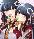  2girls bangs black_hair blush chihaya_(pixiv41117997) hinoa japanese_clothes kimono long_hair minoto monster_hunter monster_hunter_(series) monster_hunter_rise pointy_ears siblings twins 