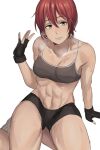  1girl abs breasts collarbone gloves hair_between_eyes han_soo-min_(hanny) hanny_(uirusu_chan) highres looking_at_viewer muscular muscular_female navel original redhead shirt short_hair small_breasts solo sweat tekken underwear white_background 