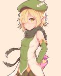  1girl @_@ aoi_(princess_connect!) bare_shoulders beret blonde_hair blush breasts cowboy_shot detached_sleeves elf gift green_headwear green_shirt green_shorts green_sleeves hair_over_one_eye hat hat_feather highres holding holding_gift pointy_ears princess_connect! puffy_shorts scarf shirt short_hair shorts simple_background sleeveless sleeveless_shirt small_breasts smile solo wavy_mouth yako_noir_(kei-ne) yellow_eyes 