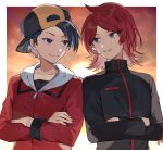  2boys ahoge backwards_hat black_eyes black_hair closed_mouth commission commissioner_upload ethan_(pokemon) grin hat high_collar highres jacket looking_at_another male_focus multiple_boys open_mouth pokemon pokemon_(game) pokemon_hgss redhead short_hair silver_(pokemon) sky smile sunset syerii teeth violet_eyes 