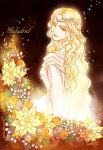  1girl blonde_hair blue_eyes character_name cherry closed_mouth crown dated flower food fruit galadriel hair_flower hair_ornament highres kazuki-mendou long_hair looking_at_viewer looking_back lord_of_the_rings pointy_ears robe signature solo very_long_hair white_flower wreath 