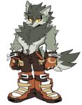  1boy animal_ears body_fur boots brown_pants clenched_hands colored_sclera commentary english_commentary full_body furry gloves grey_fur grey_hair half-closed_eyes highres jewelry kaijumilk_(milkchaotea) looking_at_viewer male_focus orange_eyes orange_footwear original pants ryder_(milkchaotea) shirtless simple_background single_earring smile solo standing tail white_background wolf_boy wolf_ears wolf_tail yellow_sclera 