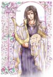  1boy brown_hair cat character_name closed_mouth harp highres holding holding_instrument instrument kazuki-mendou long_hair long_sleeves looking_at_viewer male_focus robe salgant signature silmarillion smile solo standing violet_eyes wide_sleeves 