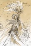  1boy armor branch breastplate cape closed_mouth dated glorfindel gloves highres holding holding_sword holding_weapon kazuki-mendou long_hair looking_at_viewer male_focus monochrome signature silmarillion solo sword torch weapon yellow_theme 