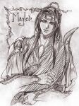  1boy brooch character_name closed_mouth dated greyscale harp highres holding holding_instrument instrument jewelry kazuki-mendou looking_at_viewer maglor male_focus monochrome one-hour_drawing_challenge ponytail robe signature silmarillion smile solo upper_body 