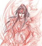  1boy armor breastplate character_name circlet closed_mouth dated feanor kazuki-mendou looking_at_viewer male_focus monochrome one-hour_drawing_challenge pointy_ears ponytail red_theme signature silmarillion solo sword weapon 