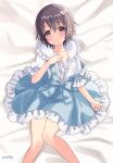  1girl bed_sheet blue_skirt blush bow commentary_request eluthel frilled_shirt frilled_shirt_collar frilled_skirt frills grey_eyes grey_hair highres idolmaster idolmaster_cinderella_girls looking_at_viewer lying on_back otokura_yuuki puffy_short_sleeves puffy_sleeves shirt short_hair short_sleeves skirt solo suspender_skirt suspenders white_shirt 