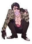  1boy adjusting_eyepatch animal_print black_footwear black_gloves black_hair black_pants bubble chewing_gum cigarette gloves gold_necklace highres jacket jewelry leather leather_gloves majima_gorou male_focus mature_male necklace one-eyed open_clothes open_jacket pants print_eyepatch red_eyes ryuu_ga_gotoku samuraisamurai shadow shoes short_hair snake_print squatting white_background 