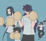  3boys animal_ears aqua_pants black_hair black_pants blue_background blue_hair cat_boy cat_ears cat_tail child cowboy_shot fengxi_(the_legend_of_luoxiaohei) long_hair luoxiaohei multiple_boys one_eye_closed pants pom_pom_(clothes) purple_hair shirt short_sleeves sirakaro tail the_legend_of_luo_xiaohei very_long_hair white_shirt wuxian_(the_legend_of_luoxiaohei) 