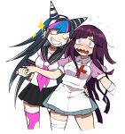  2girls apron bandaged_arm bandages bangs black_hair black_nails blue_hair blush closed_eyes commentary_request cropped_legs dangan_ronpa_(series) dangan_ronpa_2:_goodbye_despair ear_piercing flying_sweatdrops furukawa_(yomawari) grin hair_horns highres holding_hands jewelry long_hair mioda_ibuki mismatched_legwear multicolored_hair multiple_girls necklace open_mouth piercing pink_eyes pink_hair purple_hair scar school_uniform serafuku short_sleeves simple_background skirt smile stitches tattoo thigh-highs torn_clothes torn_legwear tsumiki_mikan wavy_mouth white_apron white_background white_hair 