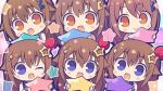  6+girls bangs blue_eyes brown_eyes brown_hair chibi commentary_request eyebrows_visible_through_hair hair_ornament holding holding_star hololive hoshikuzu_no_yoru looking_at_viewer multiple_girls multiple_persona one_eye_closed open_mouth smile star_(symbol) star_hair_ornament tokino_sora 