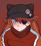  1girl black_eyepatch black_headwear blue_eyes frown hair_behind_ear hat_pin jacket long_hair neon_genesis_evangelion one_eye_covered orange_hair pie_(aipiepi) pin rebuild_of_evangelion red_background red_jacket red_scarf scarf shikinami_asuka_langley solo souryuu_asuka_langley track_jacket upper_body 