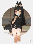  1girl animal_ear_fluff animal_ears bangs barefoot bike_shorts black_hair black_kimono black_shorts blush commentary_request eating eyebrows_visible_through_hair food fox_ears fox_girl fox_tail full_body green_eyes highres holding holding_food japanese_clothes kimono kuro_kosyou long_hair long_sleeves looking_at_viewer original popsicle short_shorts shorts sitting soles solo tail upper_teeth very_long_hair wide_sleeves yui_(kuro_kosyou) 