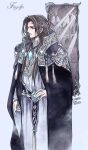  1boy belt black_cape brooch brown_eyes brown_hair cape character_name closed_mouth dated fingolfin grey_background highres jewelry kazuki-mendou long_hair male_focus mirror pointy_ears profile robe signature silmarillion simple_background solo standing 