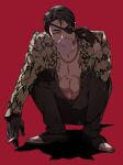  1boy adjusting_eyepatch animal_print black_footwear black_gloves black_hair black_pants bubble chewing_gum cigarette gloves gold_necklace highres jacket jewelry leather leather_gloves majima_gorou male_focus mature_male necklace one-eyed open_clothes open_jacket pants print_eyepatch red_background red_eyes ryuu_ga_gotoku samuraisamurai shadow shoes short_hair snake_print squatting 