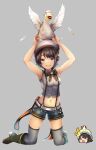  &gt;o&lt; 1girl :d aqua_eyes armpits arms_up backwards_hat bangs belt bird black_ribbon blue_shorts breasts brown_footwear brown_hair chibi chibi_inset commentary_request cropped_shirt duck feathers full_body grey_background grey_legwear grey_shirt hair_ornament hairclip hat highres hip_vent hololive kneeling looking_at_viewer mascot medium_breasts midriff navel neck_ribbon official_alternate_costume oozora_subaru open_mouth ribbon sailor_hat shadow shiny shiny_hair shirt short_hair shorts sleeveless sleeveless_shirt smile striped striped_shirt subaru_duck suspender_shorts suspenders swept_bangs thigh-highs tomoeyakenari vertical-striped_shirt vertical_stripes virtual_youtuber white_belt white_headwear 