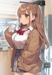  1girl angry blurry blurry_background bow bowtie breasts brown_eyes brown_hair bursting_breasts button_gap cardigan commentary_request drinking_straw dutch_angle eyebrows_visible_through_hair food grey_skirt hand_in_pocket highres holding large_breasts long_hair looking_at_viewer milk milk_carton original red_neckwear sakura_yuki_(clochette) school_uniform shirt skirt sleeves_past_wrists solo standing white_shirt 