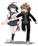  1boy 1girl ahoge bangs black_jacket black_legwear black_pants blush breasts brother_and_sister brown_hair closed_eyes commentary_request dangan_ronpa:_trigger_happy_havoc dangan_ronpa_(series) full_body furukawa_(yomawari) grin highres hood hood_down jacket knee_up kneehighs large_breasts leg_up miniskirt naegi_komaru naegi_makoto open_clothes open_jacket open_mouth pants pleated_skirt sailor_collar school_uniform serafuku shirt shoes short_hair short_sleeves siblings simple_background skirt smile standing standing_on_one_leg sweatdrop white_background white_shirt 