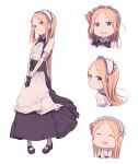  1girl abigail_williams_(fate) absurdres apron bangs black_gloves black_skirt blonde_hair blue_eyes bow breasts collared_shirt corset daisi_gi dress fate/grand_order fate_(series) forehead full_body gloves hair_bow highres long_hair maid_headdress multiple_views orange_bow parted_bangs shirt short_sleeves skirt small_breasts underbust white_apron white_shirt 