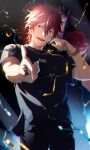  1boy absurdres amagi_rinne bangs black_pants black_shirt blue_eyes blurry blurry_background blush bracelet chain_necklace chromatic_aberration commentary_request confetti cowboy_shot earrings ensemble_stars! eri96 hand_up highres jewelry looking_at_viewer male_focus open_mouth pants pointing pointing_at_viewer redhead shirt short_hair smile solo stage sweat t-shirt thumb_ring upper_teeth 