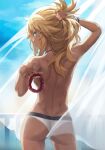 1girl absurdres ass back bikini bikini_bottom blonde_eyebrows blonde_hair blue_sky blush bracelet breasts curtains eyebrows_visible_through_hair eyes_visible_through_hair fate/apocrypha fate_(series) green_eyes highres holding holding_hair jewelry looking_at_viewer looking_back medium_hair mordred_(fate) mordred_(fate)_(all) necklace no_bra scrunchie sideboob sidelocks sky solo swimsuit tomboy tonee topless upper_body white_bikini