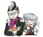  1boy 1girl animal_on_shoulder bandaged_arm bandages bangs black_hair black_jacket black_shirt blush braid collarbone commentary_request constricted_pupils cropped_torso crossed_arms dangan_ronpa_(series) dangan_ronpa_2:_goodbye_despair earrings furukawa_(yomawari) glasses grey_eyes grey_hair hamster heterochromia highres holding jacket jewelry long_hair long_sleeves looking_at_viewer multicolored_hair necktie open_mouth pekoyama_peko red_eyes red_neckwear scarf school_uniform serafuku shirt short_hair simple_background tanaka_gandamu trembling twin_braids upper_body white_background 