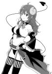  1girl ahoge bare_shoulders bow bowtie breasts demon_girl demon_horns demon_tail detached_collar detached_sleeves fang frills garter_straps greyscale hands_on_hips highres horns long_hair long_sleeves looking_at_viewer machikado_mazoku medium_breasts midriff mikazuchi_zeus monochrome navel panties revealing_clothes sidelocks smile solo stomach tail tail_raised thigh-highs thighs underwear v-shaped_eyebrows waist_cape wide_sleeves yoshida_yuuko_(machikado_mazoku) 
