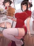  1girl bamboo_steamer bangs barefoot black_eyes black_hair black_legwear blush breasts c.cu china_dress chinese_clothes double_bun dress eyebrows_visible_through_hair flying_sweatdrops food fried_rice high_heels highres leg_up looking_at_viewer original plate smile solo thigh-highs weighing_scale white_legwear 
