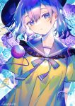  1girl :o abstract_background arms_behind_back blouse blue_eyes blue_hair breasts dithering eyeball frills hat head_tilt highres hinasumire koishi_day komeiji_koishi light_blush open_mouth short_hair short_sleeves small_breasts solo third_eye touhou upper_body yellow_blouse 