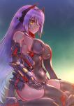  1girl breasts covered_navel elbow_gloves fukadumeasadume gloves gradient gradient_background highres large_breasts leotard long_hair orange_eyes poppi_(xenoblade) poppi_qtpi_(xenoblade) purple_hair sitting smile thigh-highs wariza xenoblade_chronicles_(series) xenoblade_chronicles_2 