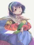  1girl capelet cowboy_shot dress grey_background hairband head_tilt index_finger_raised looking_at_viewer m_(neteitai10) multicolored multicolored_clothes multicolored_dress parted_lips purple_hair rainbow_gradient short_hair simple_background smile solo tenkyuu_chimata touhou violet_eyes white_capelet 