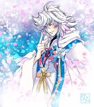  1boy cherry_blossoms fate/grand_order fate_(series) flower_knot hand_up index_finger_raised kazuki-mendou looking_at_viewer male_focus merlin_(fate) one_eye_closed purple_hair robe signature smile solo violet_eyes white_hair 
