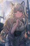  1girl animal_ear_fluff animal_ears arknights asymmetrical_hair bead_necklace beads blurry blurry_background blush braid breasts circlet closed_mouth commentary cowboy_shot dalimao dress eyelashes grey_dress grey_eyes highres holding holding_hair jewelry leopard_ears light_smile long_hair looking_at_viewer medium_breasts necklace outdoors pramanix_(arknights) side_braid silver_hair single_braid snow snowing solo strap very_long_hair 