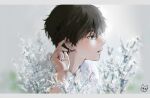  1boy bangs black_hair blurry flower from_side green_eyes hair_between_eyes hand_up highres hyouka letterboxed male_focus mery_(yangmalgage) open_mouth oreki_houtarou profile shirt solo upper_body white_flower 