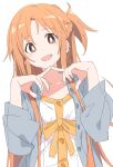  1girl :d asuna_(sao) blush brown_eyes collarbone eyebrows_visible_through_hair ixy long_hair long_sleeves looking_at_viewer open_mouth orange_hair simple_background smile solo sword_art_online upper_body white_background 