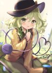 1girl bloom blouse blurry blush depth_of_field dutch_angle eyeball falling_petals finger_to_mouth floral_print frills goma_(u_p) green_eyes green_hair green_skirt hand_up hat heart heart_of_string komeiji_koishi looking_at_viewer medium_hair outdoors parted_lips petals seiza sitting skirt smile solo third_eye touhou tree wide_sleeves yellow_blouse 