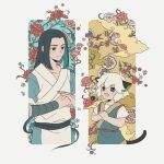  2boys animal_ears black_eyes black_hair blush cat_boy cat_ears cat_tail clouds eyebrows_visible_through_hair flower long_hair luoxiaohei multiple_boys open_mouth pink_flower short_hair short_sleeves sidelocks sirakaro smile tail the_legend_of_luo_xiaohei upper_body very_long_hair white_flower white_hair wuxian_(the_legend_of_luoxiaohei) 