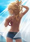 1girl absurdres ass back belt blonde_eyebrows blonde_hair blue_shorts blue_sky blush bracelet breasts curtains cutoffs denim denim_shorts eyebrows_visible_through_hair eyes_visible_through_hair fate/apocrypha fate_(series) green_eyes highres holding holding_hair jewelry looking_at_viewer looking_back medium_hair micro_shorts mordred_(fate) mordred_(fate)_(all) necklace no_bra scrunchie short_shorts shorts sideboob sidelocks sky solo tomboy tonee topless upper_body